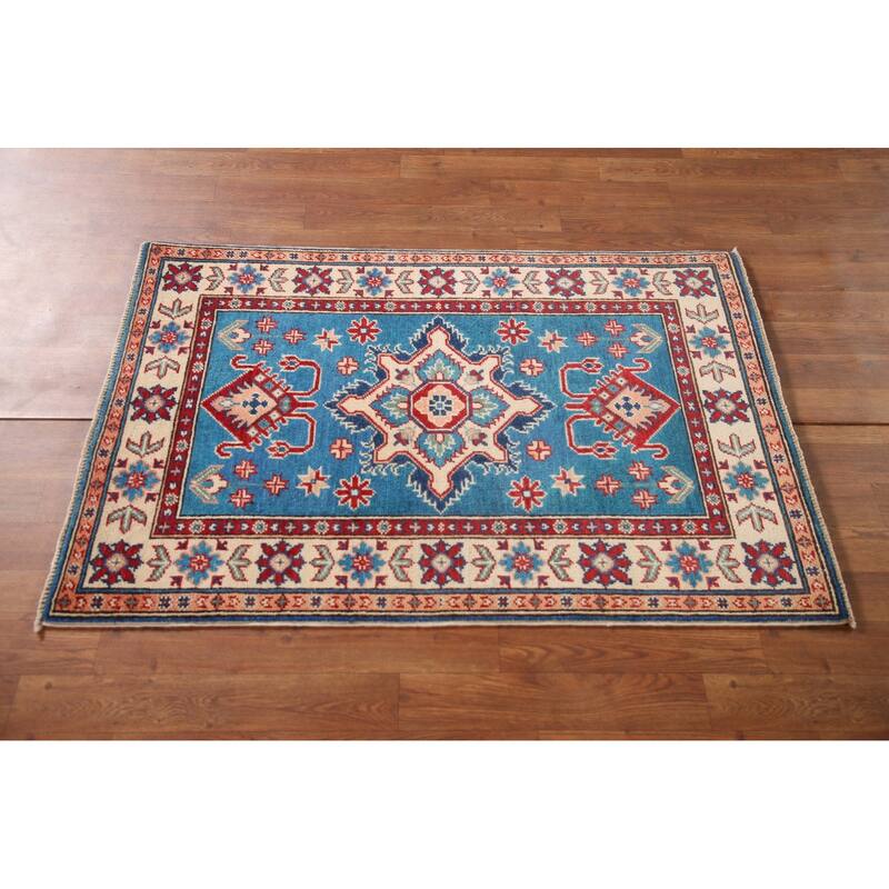 Blue Geometric Kazak Oriental Accent Rug Handmade Wool Carpet - 2'9" x 4'0"
