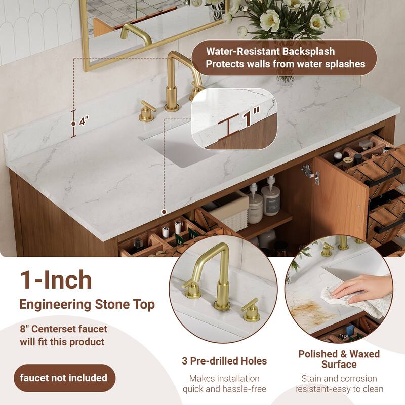48" Freestanding Bathroom Vanity with Engineered Stone Top, Ceramic Sink, Built-In Power Outlet, and Hair Dryer Storage