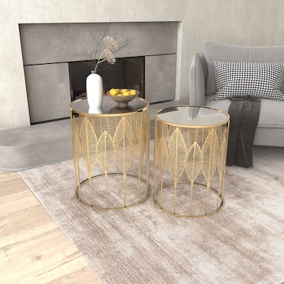 Adeco Gold Leaves End Tables Accent Coffee Nightstands Set of 2