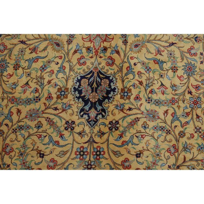 Hand Knotted Oriental 100% Silk Carpet Traditional Floral Yellow & Gold Qum Area Rug - 10' 2'' X 6' 5''