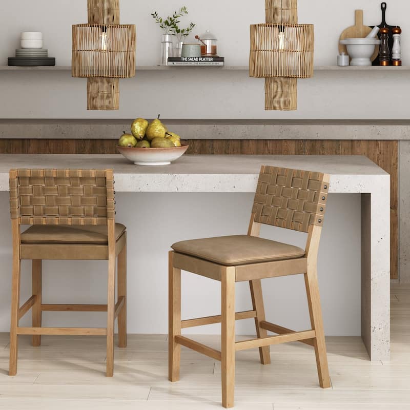 Nathan James Cohen Faux Leather Counter or Bar Height Stool, Solid Wood Frame with Footrest and Woven Leather Back