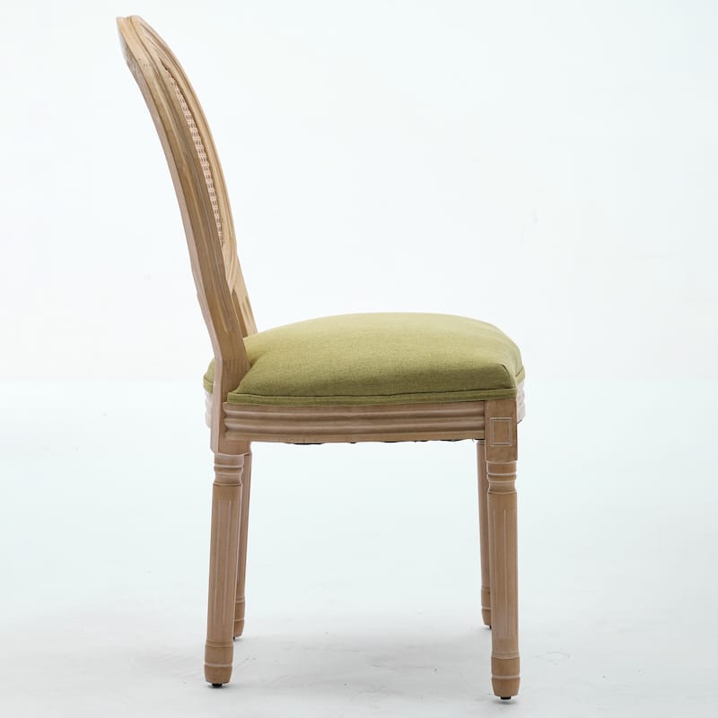 French Style 2-Piece Dining Chairs: Solid Wood Frame, Antique Painting, Linen Fabric, Rattan Back – Classic & Elegant Seating