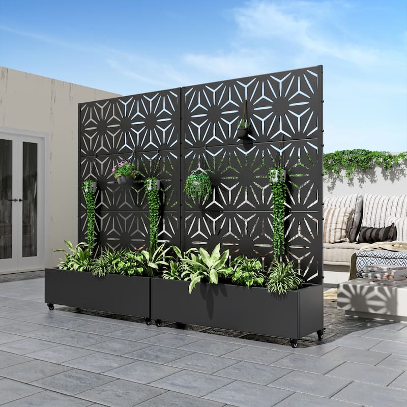 Metal Movable Planter Box with Trellis Privacy Screen Planter Box with Lockable Wheels