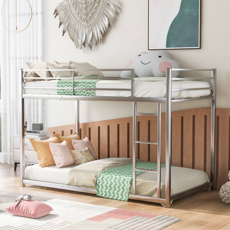 Twin/Full Kids Metal Bunk Bed, Metal Bedframe with Safety Guardrail and Ladder for Dorm,Bedroom,Guest Room,No Box Spring Needed