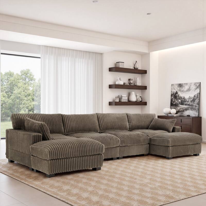 Modren Plush Oversized Modular Sectional Sofa Set with Chaise&Ottoman. - 5-piece/Light Brown - Right Facing