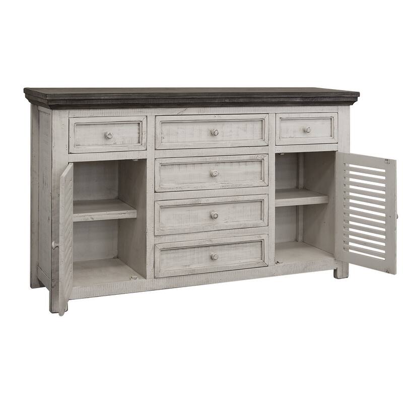 HomeRoots 70" Antiqued White Solid and Manufactured Wood Distressed Buffet Table - 69.75 in. x 42.50 in. x 19.00 in.