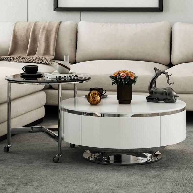 Nesting Coffee Table Set with End Table Round Coffee Table with 2 Storage Drawers - White and Silver