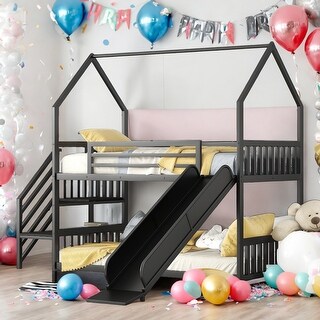 Twin over Twin Size Metal Bunk Bed House Bed with Convertible Slide and Storage Staircase,No Box Spring Required, Black