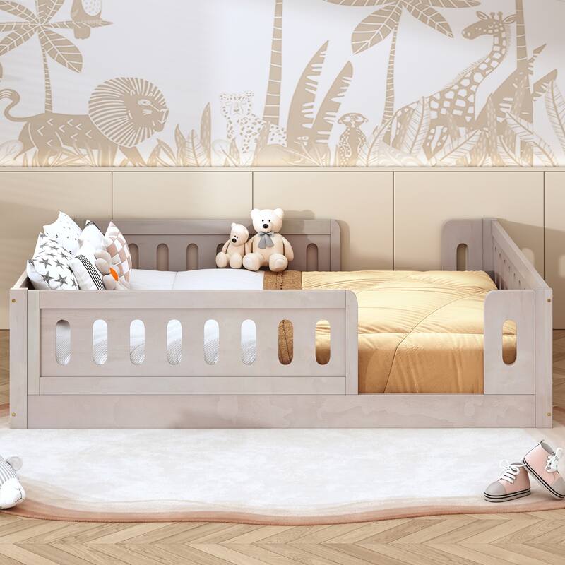 Kids Wood Floor Bed with Semi-Enclosed Guardrail and No-Slat Design