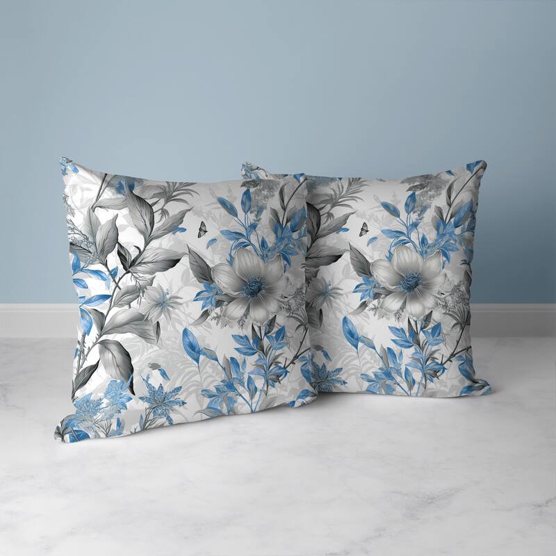 Exquisite Floral Breeze Faux Suede Reversible Throw Pillow Blue and Grey