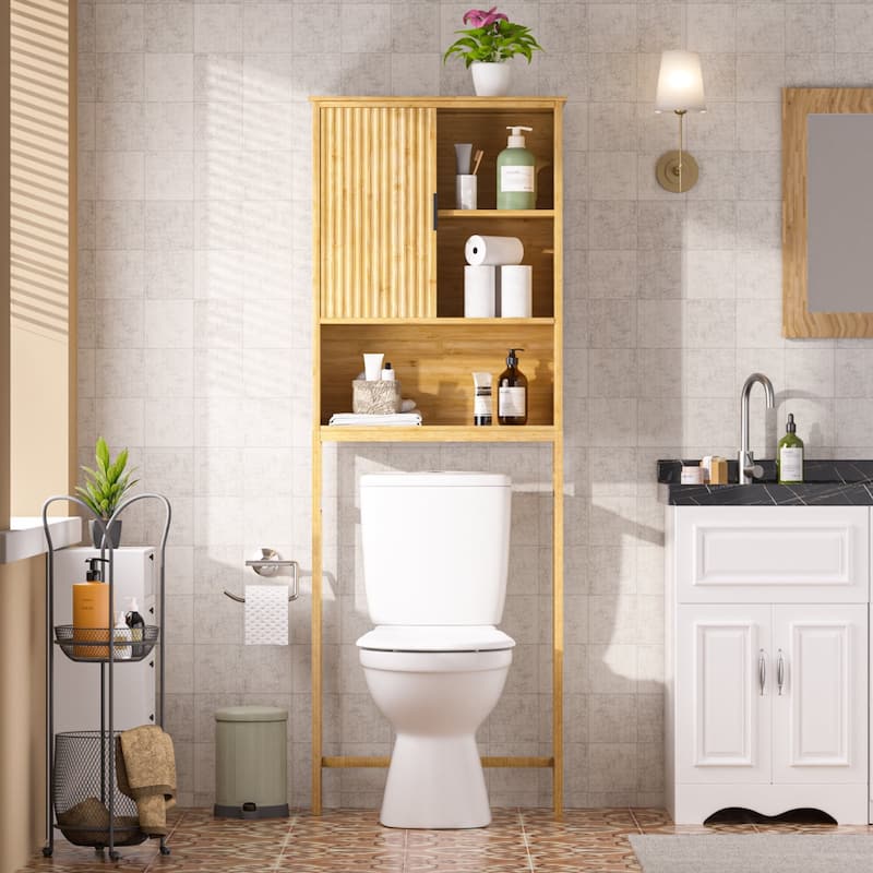 VEIKOUS Bamboo Over-The-Toilet Storage Cabinet with Upgraded Sliding Door
