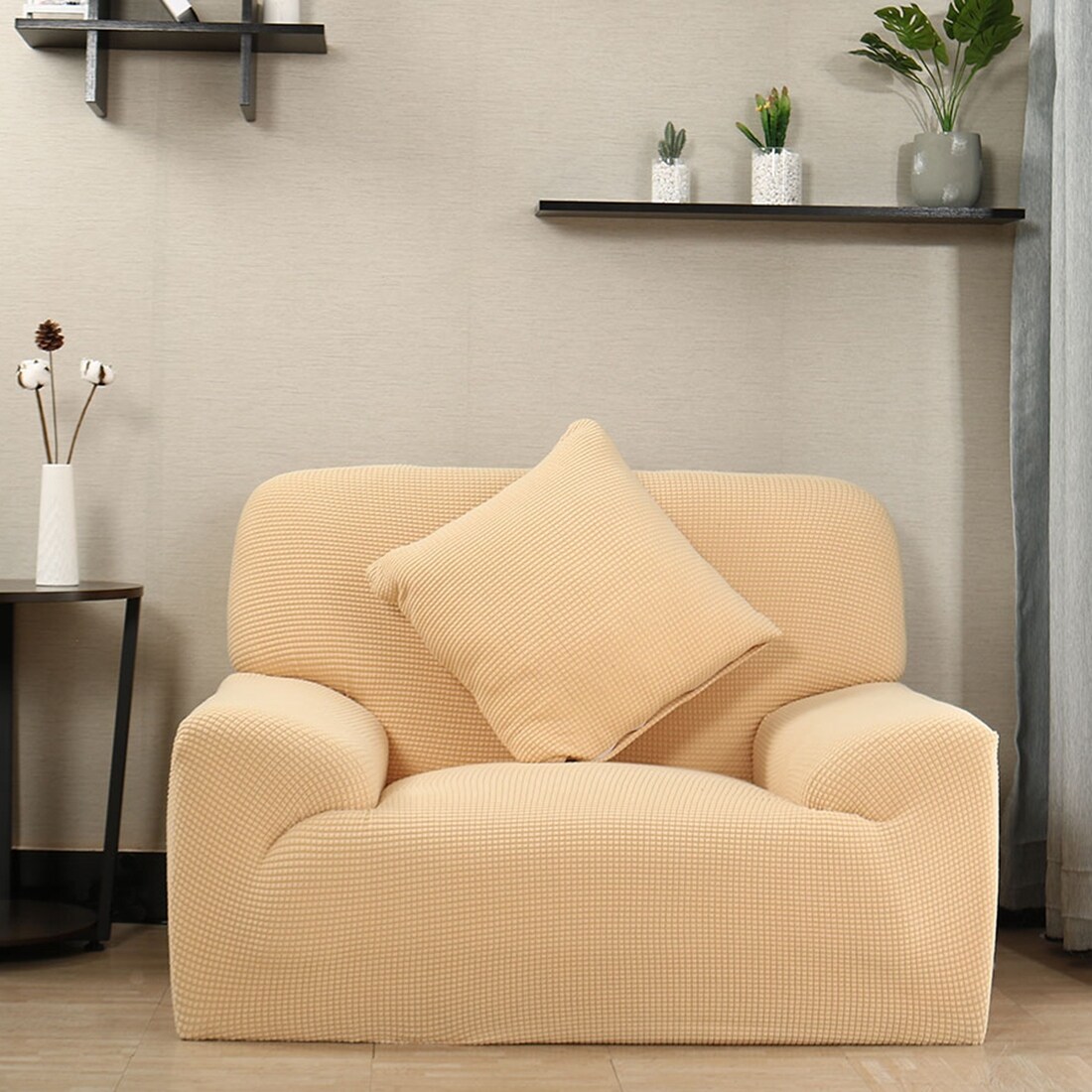Plush Fabric Sofa Cover 1/2/3/4 Seater Thick Slipcover Couch Sofa Covers Stretch Elastic Sofa Covers Towel wrap Covering,Beige,1 Seat 90-140cm
