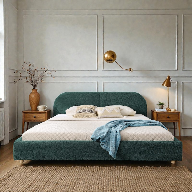 Upholstered Bed Frame with Tall Curved Headboard, Premium Circle Yarn Fabric, Modern Minimalist Platform Bed