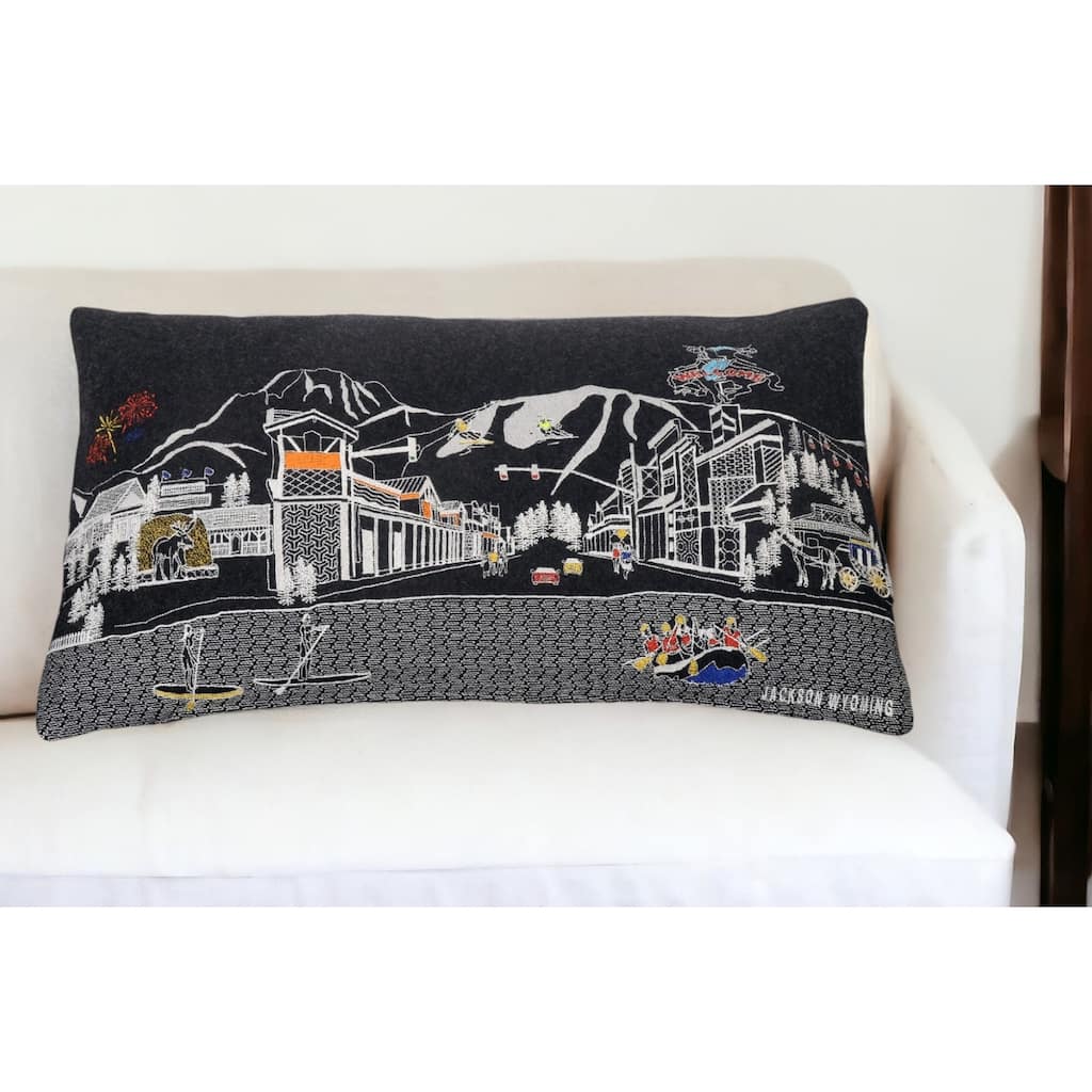 HomeRoots 25" Black Jackson Nighttime Skyline Lumbar Decorative Pillow