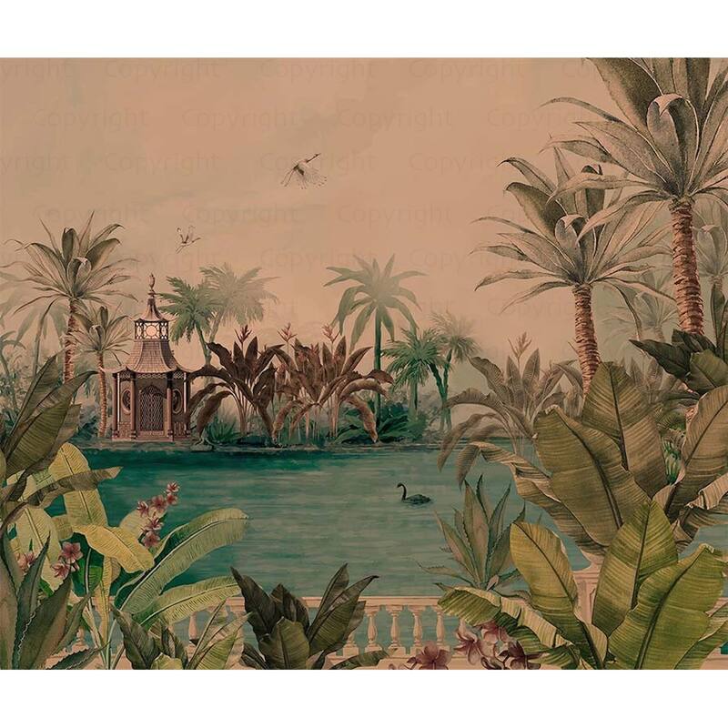Tranquil Lakeside Pavilion Mural Tropical Palms Black Swan - Pink - W:122" x H:110"