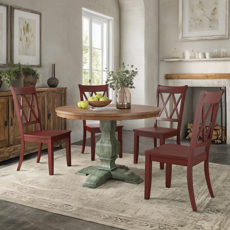 Ronda 45" Round Solid Wood Top Dining Set with X-Back Chairs - Antique Sage Green Table - Berry Red Chairs