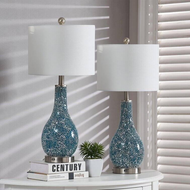 25.25" Glass Table Lamp Set with USB (Set of 2)