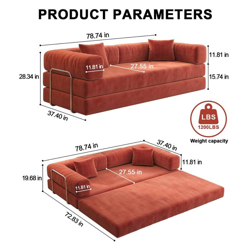 78.8 inch Modular Sectional Sofa Convertible Pudding Block Floor Sofa Bed Orange Living Room