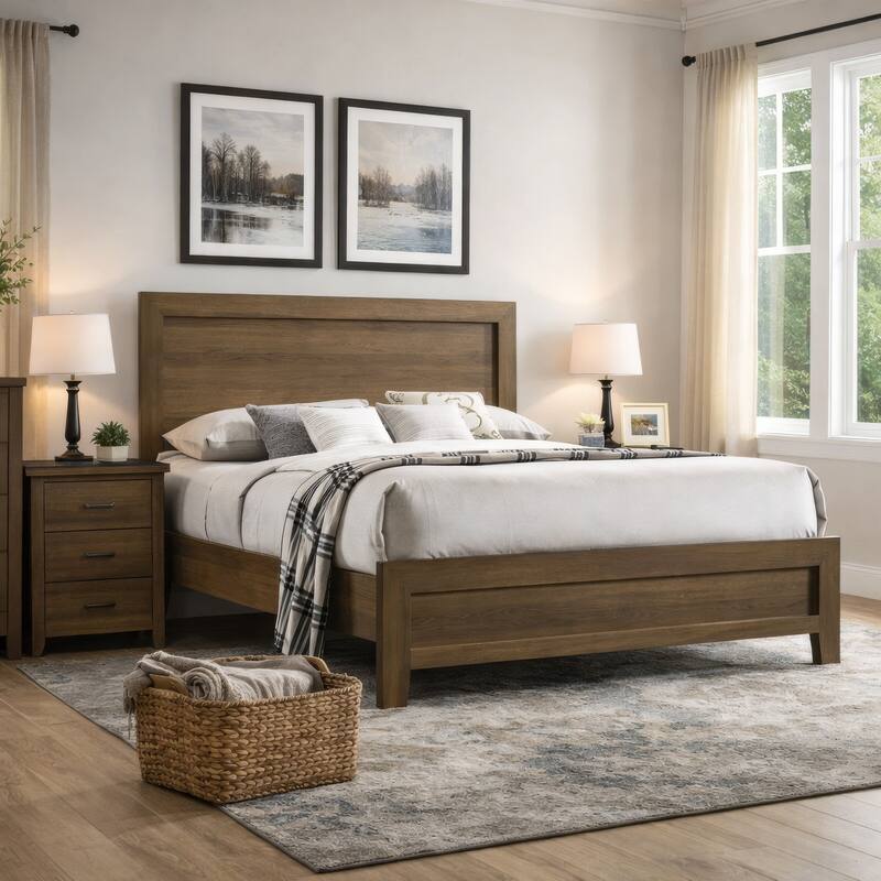 Transitional Style Wooden Eastern King Bed with Raised Molding Trim, Brown