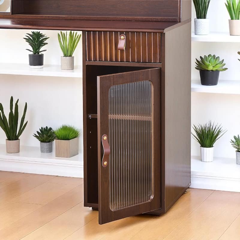 Makeup Vanity Desk with 3-Color LED Mirror, Storage Shelves & Drawer, Fluted Design Dressing Table in Walnut Finish