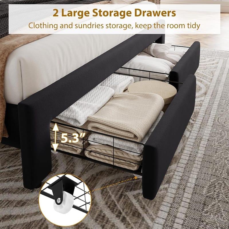 Velvet Upholstered Bed Frame with 2 Drawers, Wingback Tufted Headboard & Wood Slats, Vintage Style