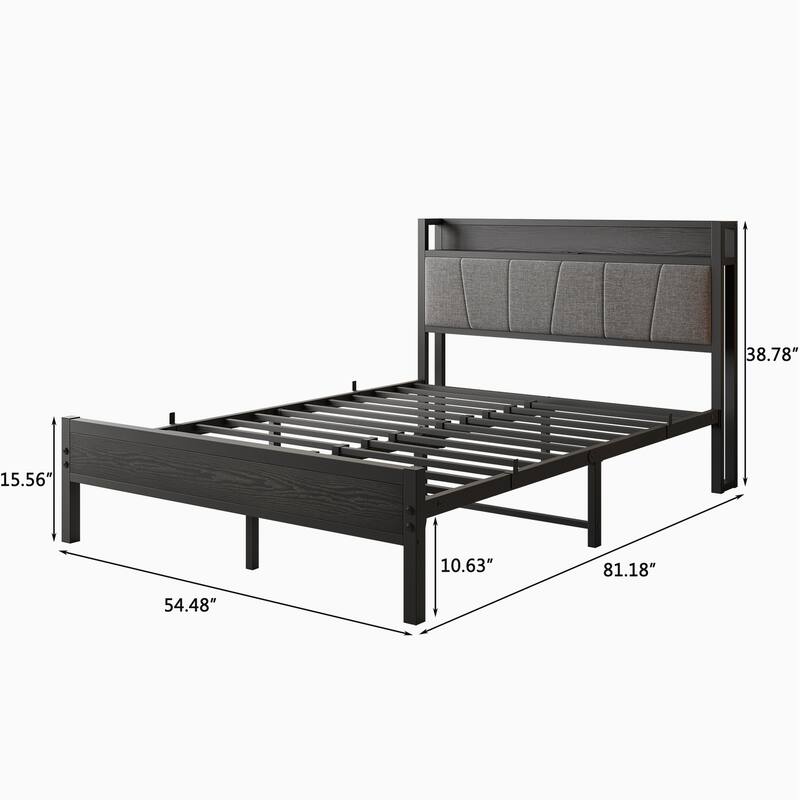 Grey Metal & Wood Full Platform Bed Frame with Storage Headboard and Charging Station