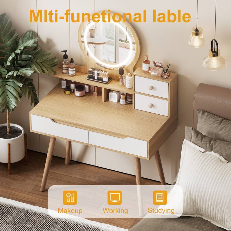 Vanity Desk with Mirror and Lights, Makeup Desk with Solid Wood Table Feet, Dressing Table Set with Drawers and Open Shelves