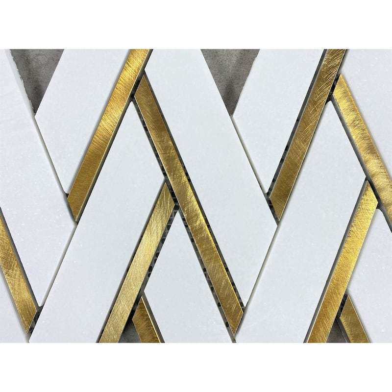 Harringbone Marble & Gold Metal Mosaic Tiles