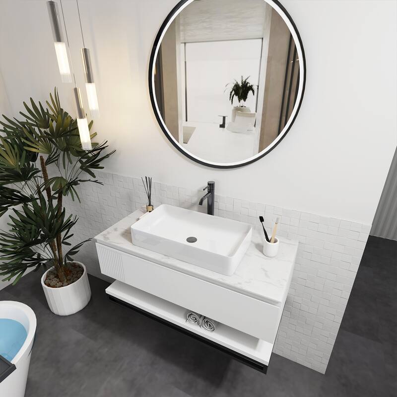 Sinber White Ceramic Countertop Bathroom Vanity Vessel Sink