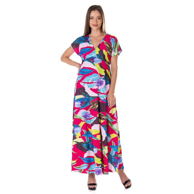 24seven Comfort Apparel Womens Floral Print V Neck Empire Waist Kimono Cap Sleeve Maxi Dress - Fucshia - L