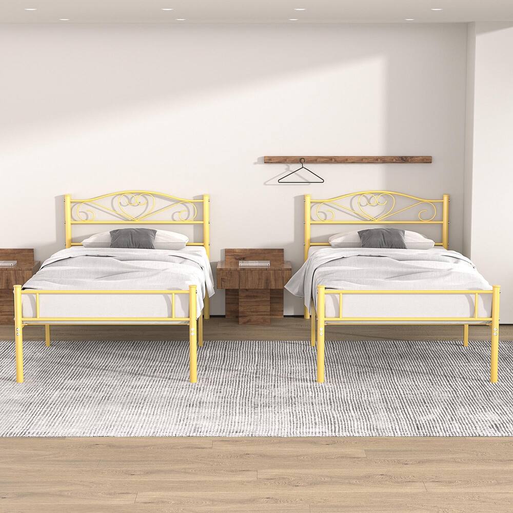 VECELO Twin Size Metal Bed Frame Set of 2 Victorian Style Kids Beds with Heart Pattern Headboard No Box Spring Needed
