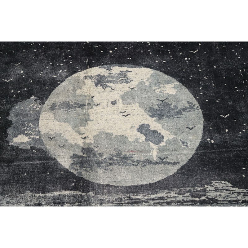 Hand Knotted Oriental Viscose Silk Carpet Modern Pictorial Greys & Charcoal Abstract Area Rug - 7' 8'' X 5' 7''