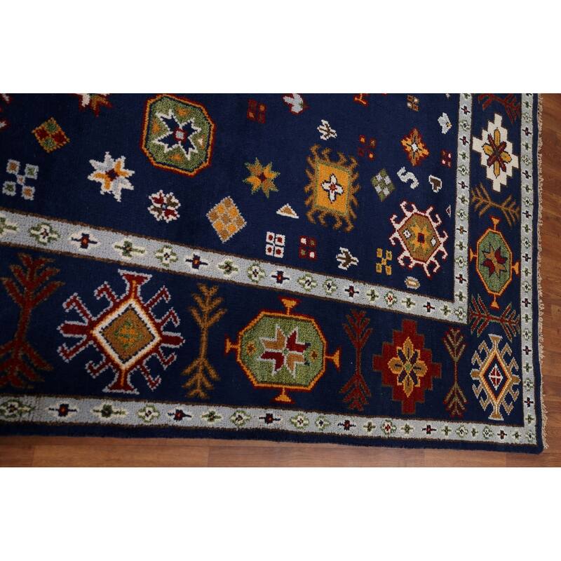 Navy Blue Geometric Kazak Oriental Area Rug Handmade Wool Carpet - 8'8" x 11'11"