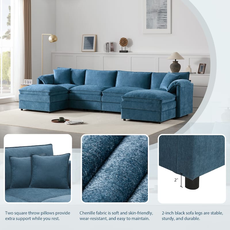 Roomfitters 136" Chenille Sectional Sofa, U Shaped Cloud Couch with Deep Wide Seat, 6 Seat Sofa with Ottoman