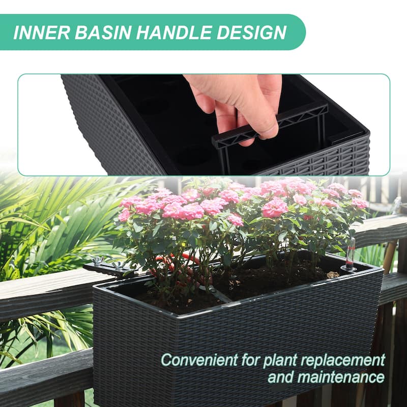 Aoodor 4Pcs 19.5" Rectangular Window/Railing Planter Box, Self Watering Planter for Balcony Porch Fence Patio - 19.5''×7.2''