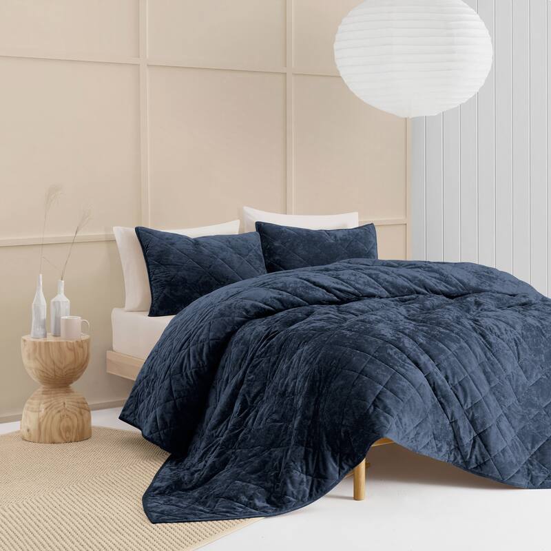 Wonderful Diamond Velvet 3 Piece Quilt Set - Navy 20020 - Queen