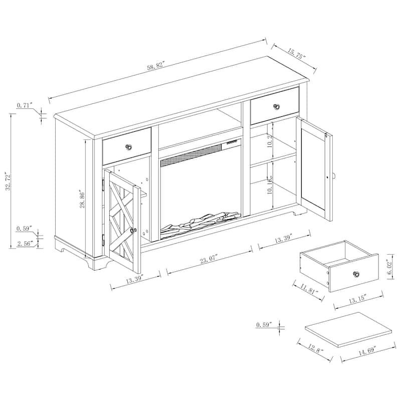 Farmhouse TV Stand with Fireplace for up to 65" TV - 60"W x 33"H x 15.5"D