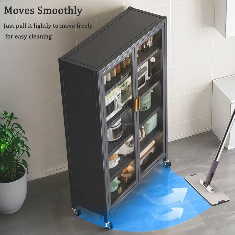 65" Kitchen Pantry Storage Cabinet on Wheels, 6 Tier Metal Display Storage Cabinet with Transparent Door & Adjustable Shelves