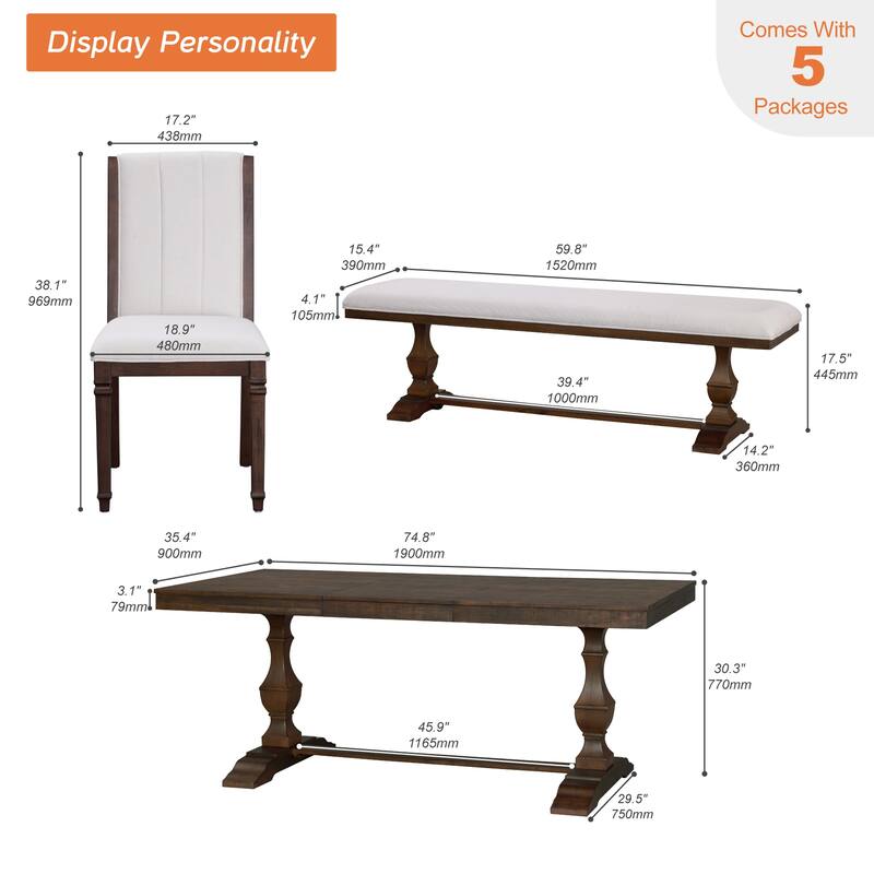 5-pieces Farmhouse Dining Table for 6, 74.8" Kitchen Table Set with 2 Benches and 2 Chairs, Solid Wood Legs and Cushion Seat