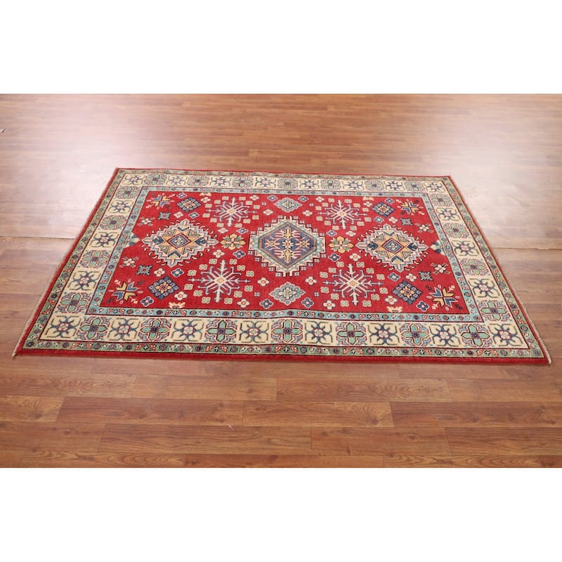 Geometric Red Kazak Oriental Area Rug Bedroom Hand-Knotted Wool Carpet - 3'11"x 6'0"