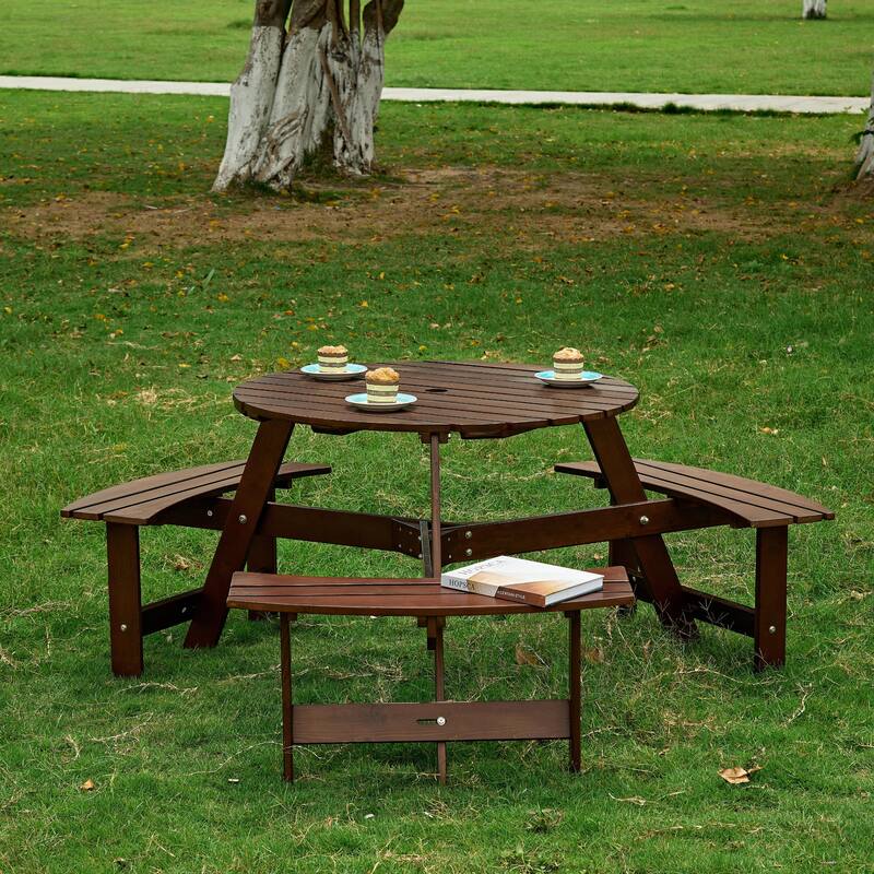 Outdoor 6 Person Round Picnic Table with Bench, Umbrella Hole for Garden, Backyard, Porch, Patio - Brown