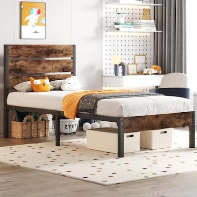 Brown Wood Headboard Platform Bed Frame with Sturdy Metal Design