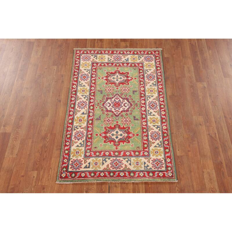 Light Green Kazak Oriental Accent Rug Handmade Wool Carpet - 2'9" x 4'1"