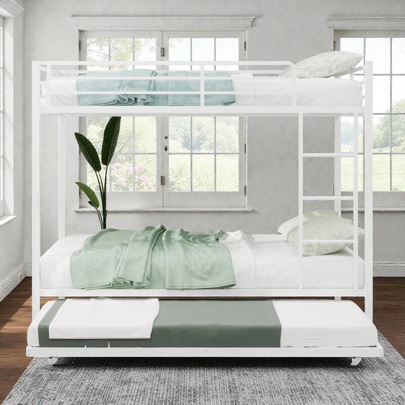 Durable Iron Bunk Bed with Twin Over Full Design, Trundle, Safety Rails, Ladder & Space-Saving Modern Metal Frame - White - Full