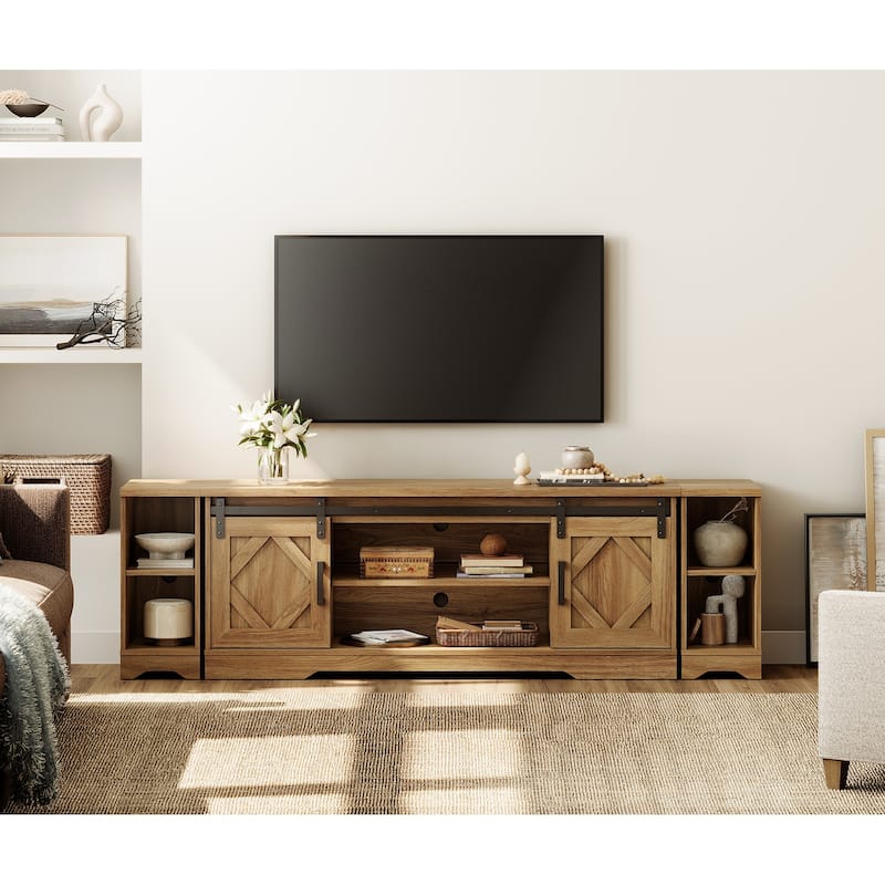 Farmhouse TV Stand Modern Sliding Barn Door Entertainment Center - Vintage Oak - 85.8"