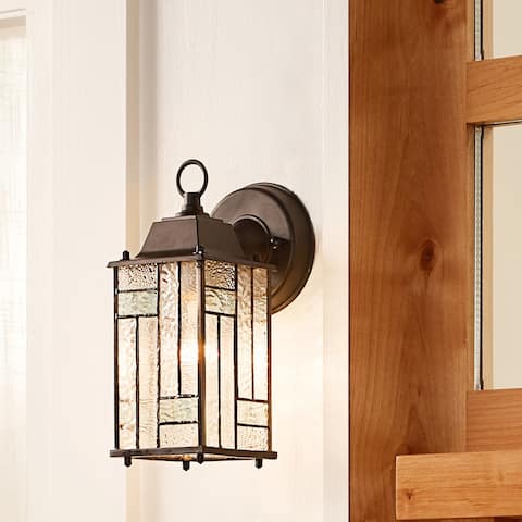 River of Goods Aqua Stained Glass and Black Satin 1-Light Outdoor Lantern Wall Sconce - 4" x 6" x 10.25"