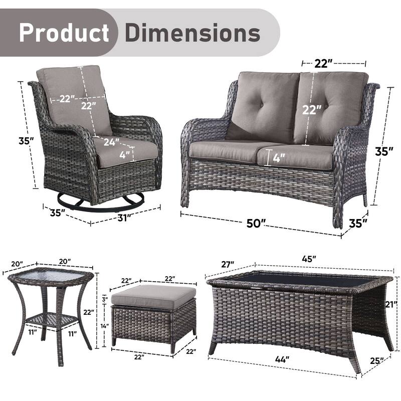 Pocassy Outdoor Sofa Swivel Chairs Table Ottoman 4 Inch Set