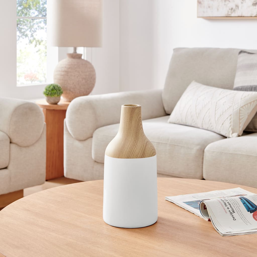 Two Toned Cylindrical Narrow Neck Ceramic Vase - 12" - White and Beech
