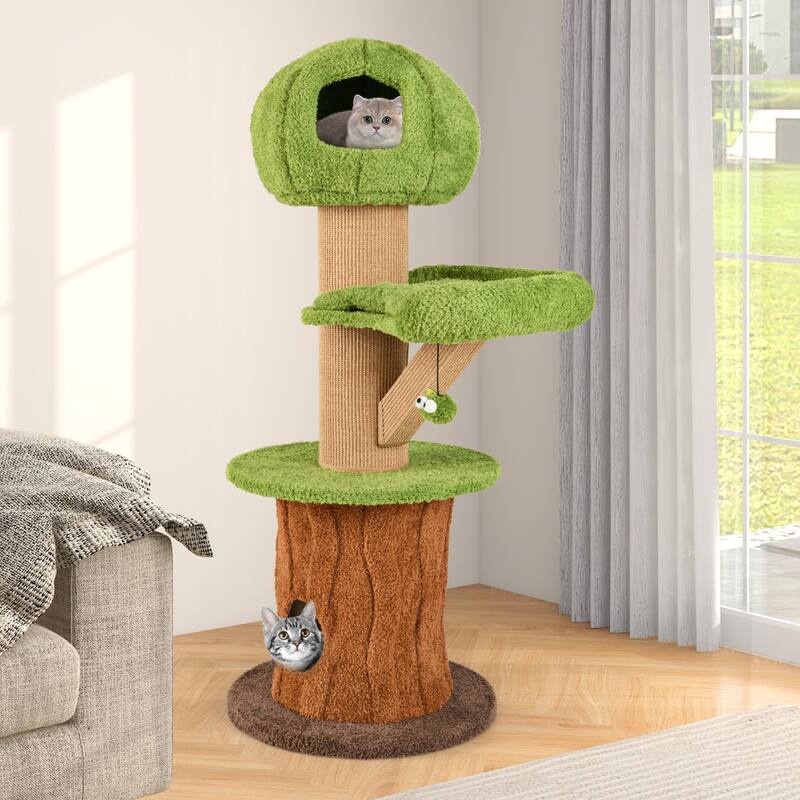 Mushroom Cat Tree for Indoor Cats with 2 Cute Condos Plush Perch and Teasing Balls-Green - Multi