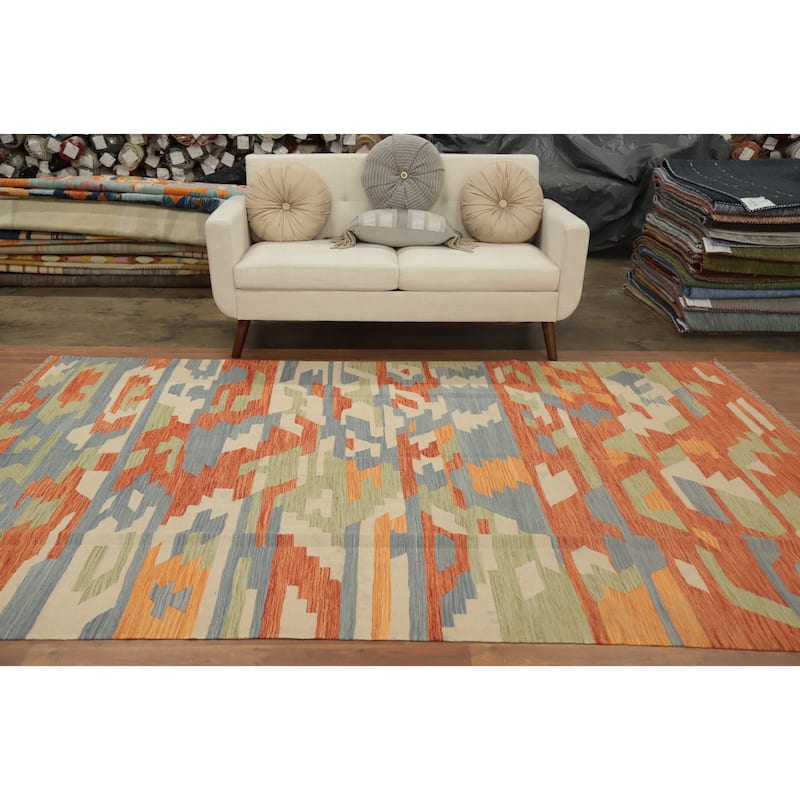 Hand Woven Oriental 100% Wool Carpet Southwestern Geometric Oranges & Rust Kilim Area Rug - 9' 9'' X 6' 6''